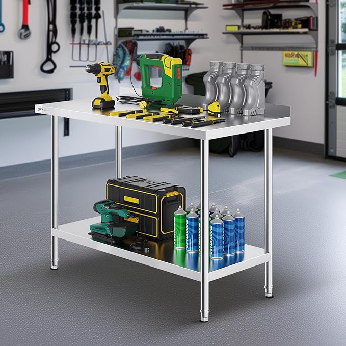 VEVOR 24 x 48 x 36 Inch Stainless Steel Work Table, Commercial Food Prep Worktable Heavy Duty Prep Worktable, Metal Work Table with Adjustable Height for Restaurant, Home and Hotel