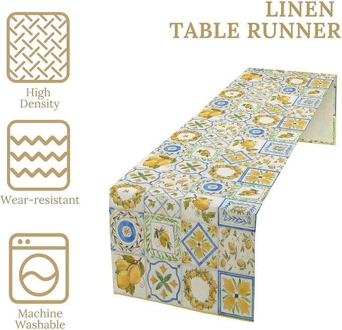 Yellow Lemon Summer Table Runner, Watercolor Spring Yellow and Blue Flower Hawaiian Style Table Runner for Holiday Party Home Kitchen Dining Table, 13x108inch