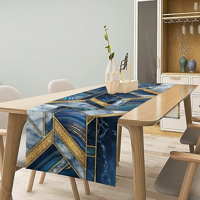 Marble Texture Table Runner, Dark Blue Gold Modern Mosaic Design Table Runner Decoration for Kitchen Family Dinner Table Holiday Party Farmhouse 13x108in