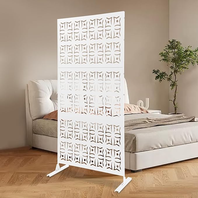 75" H×35" W Decorative Outdoor Privacy Screen with Stand, Outdoor Decor Privacy Fence Screen Metal Fence Panels, Free Standing Metal Divider for Patio Lawn Deck (White-Orchid)