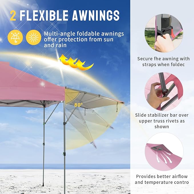 CROWN SHADES 10x10 Pop Up Canopy Tent with Patented Center Lock, Instant Commercial Canopy with Extendable Awning, 150D Silver Coated Fabric, 4 Weight Bags, Ropes, Stakes & STO ’N Go Wheeled Bag, Pink