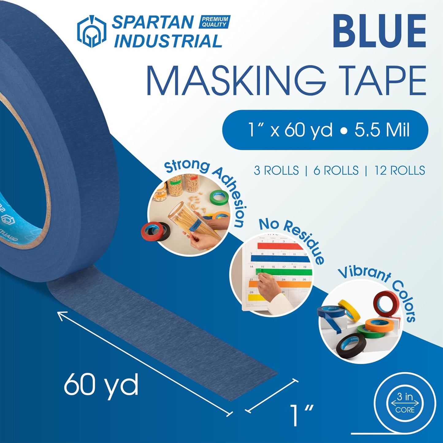 Spartan Industrial - 1" X 60 yd Blue Masking Tape - 12 Colored Tape Rolls for Bundling, Labeling, and More - No Residue, 5.5 Mil