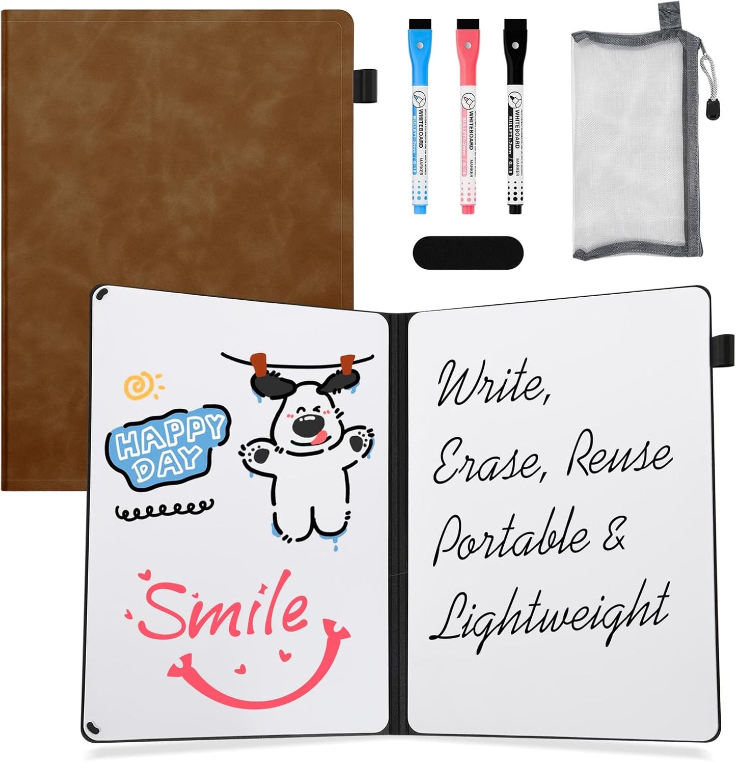 AGM Portable White Board Dry Erase Notebook, 12" x 9" Double Sided Folding Whiteboards with 3 Pens, Small Travel Dry Erase Board Skin-Friendly Material for Study, Meeting, Planning, Brown