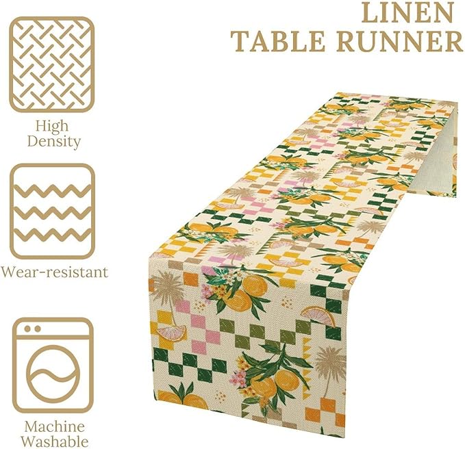 Tropical Summer Fruit Table Runner, Orange Square Grid Lemon Beach Ocean Table Runner for Kitchen Dining Party Holiday Home 13x120in