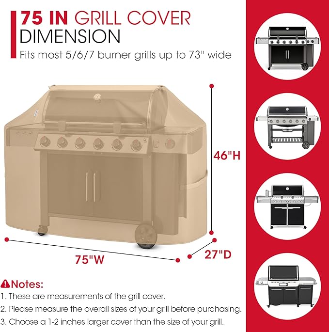 Unicook 75 Inch Grill Cover for Outdoor Grill, Heavy Duty Waterproof BBQ Cover for Outside, Compatible with Weber Char-Broil Nexgrill Kenmore Gas Grills up to 73”, All Weather Protection, Light Brown