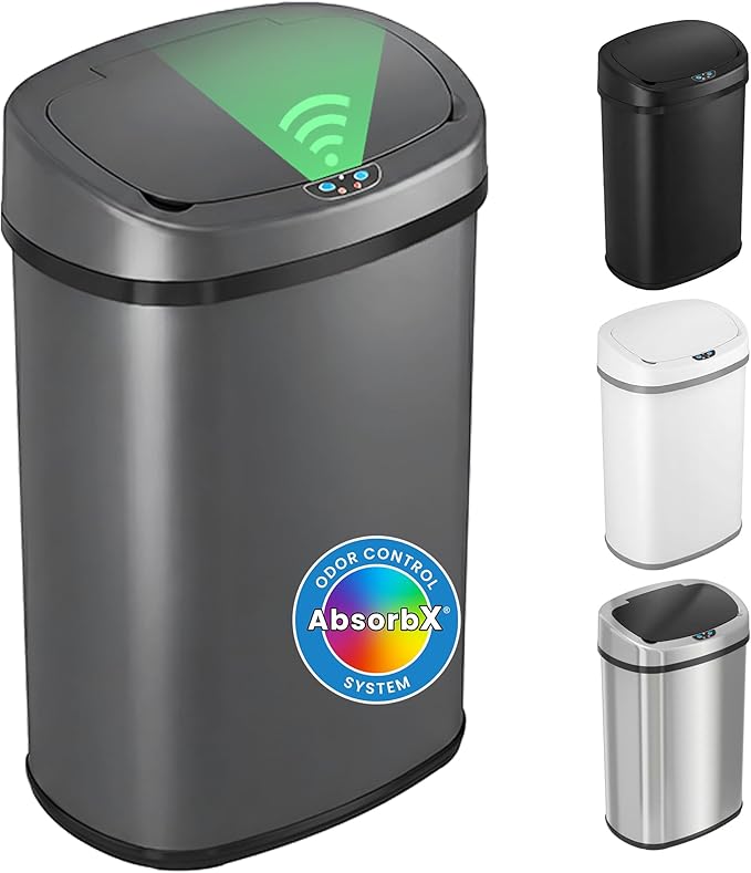 iTouchless 13 Gallon Automatic Sensor Trash Can with Lid, AbsorbX Odor Control System, Gunmetal Gray Stainless Steel Kitchen Garbage Bin, Fingerprint-Proof, Hands-Free Operation, Oval