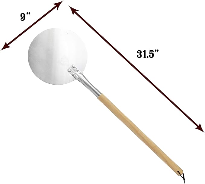 Chicago Brick Oven Pizza Turning Peel PRO - 9" Diameter- 31.5" Detachable Wooden Handle with Leather Strap, Premium Hard Aluminum, Perfect for Professional & Home Use, Ideal Bakeware, Oven Accessory