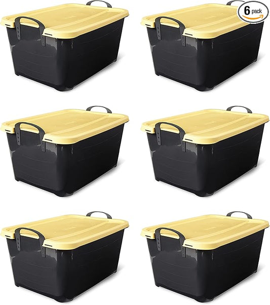 Life Story 6 Pack Heavy Duty Stackable Storage Bin, 55 Quart Home Organizer, Versatile Lightweight Locking Bins with Carrying Handles, Black/ Yellow