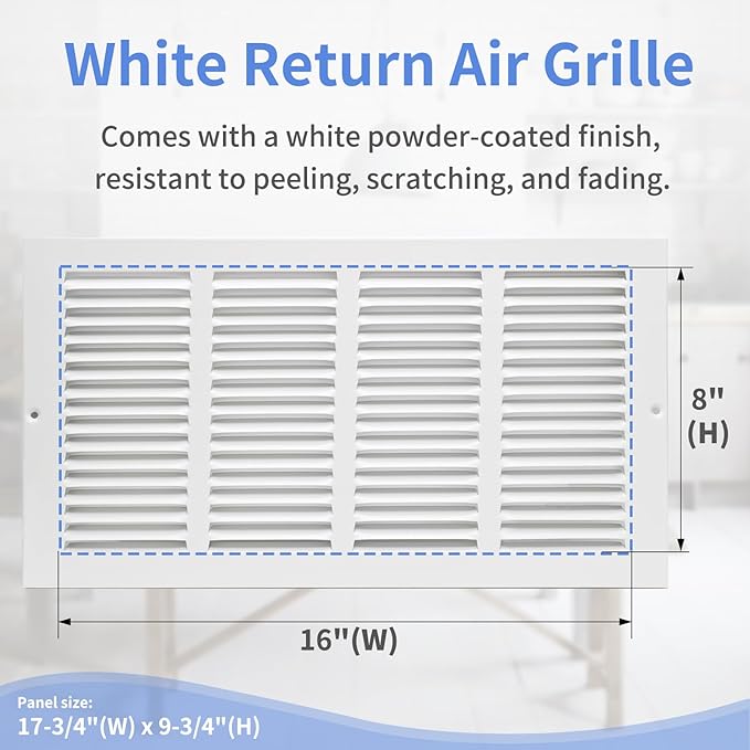 16"W x 8"H [Duct Opening Size] Steel Return Air Grille, Air Return Vent Cover for Ceiling and Sidewall - HVAC Air Vent Covers - [Outer Dimensions: 17.75"W x 9.75"H]