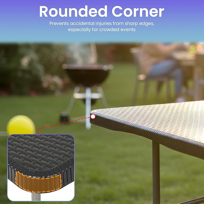 FDW 6FT Folding Table, Portable Fold-in-Half Plastic Picnic Party Table with Carrying Handle （Black Ratten, 6FT）