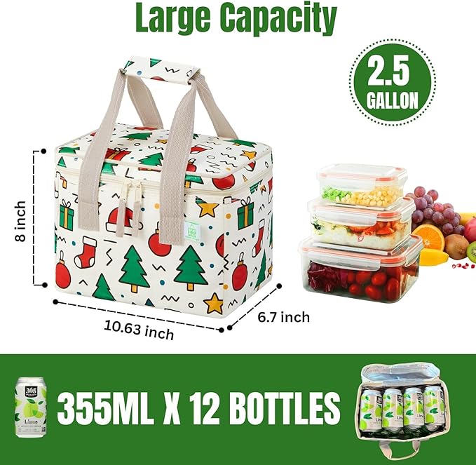 VENO 2 Pack Christmas Insulated Lunch Bag, Heavy Duty Insulated Grocery Bags, Small Cooler with Water-Resistant PP Exterior for Work, Picnic, Travel, Easy-Clean (Jingle Mix, 2 Pack)