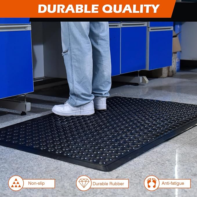 Black Rubber Bubble Anti-Fatigue Workplace Mat, Non-Slip Comfort Standing Floor Mat – Indoor, Outdoor, Garage, Workshop, Kitchen (36"x60" 2Pack)