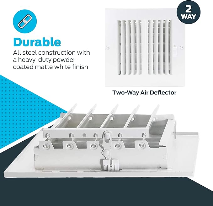 EZ-FLO 6 x 6 Inch (Duct Opening) Air Vent Cover for Wall or Ceiling, Two-Way Ventilation Register, Solid Steel HVAC Register Cover, White, 61660