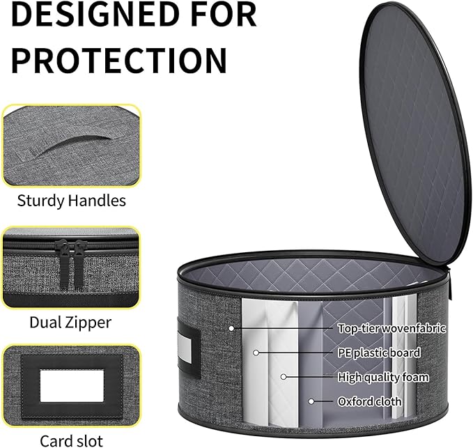 Aokeyee 4 Pcak China Storage Containers, Hard Shell Plates Storage Box with 48 Soft Divider for Saucer, Dessert, Salad, Dinner, Sturdy Quilted Stackable Dish Organizer for Moving & Protection, Grey
