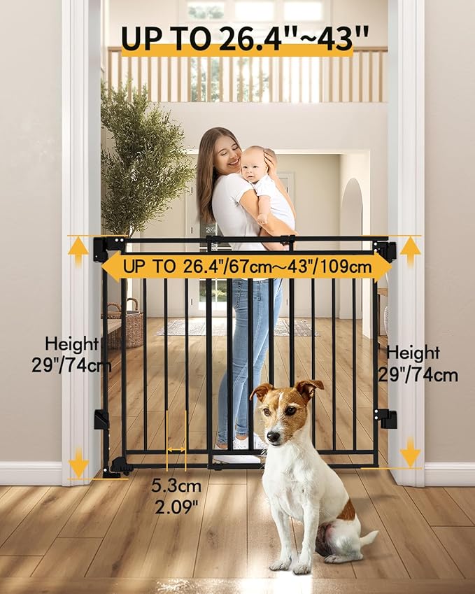 Baby Gate for Stairs Doorways & Kitchen, 26.4"-43" W x 29" H, No Bottom Bar Dog Gate, One-Handed Auto-Close, Hardware Mount Safety Gate for Dogs & Toddlers, Black