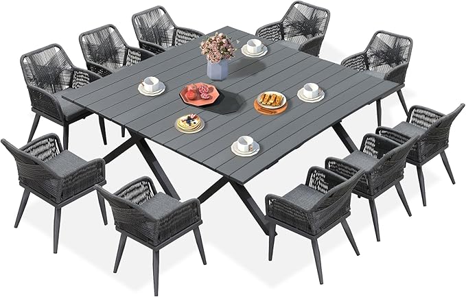 PURPLE LEAF 12 Pieces Outdoor Patio Dining Sets All-Weather PE Rattan Furniture Set with All Aluminum Frame Outdoor Table and Chairs Set for 10 People Lawn Garden Backyard Deck, Grey