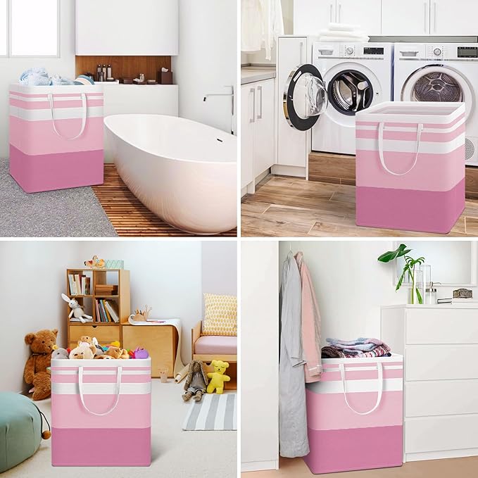 HomeHacks 2 Pack Large Laundry Baskets, Waterproof, Freestanding Laundry Hampers, Collapsible Clothes Hamper with Reinforced Handles in Laundry, College Dorm, Bathroom, Bedroom (Blue+Pink, 100Lx2)