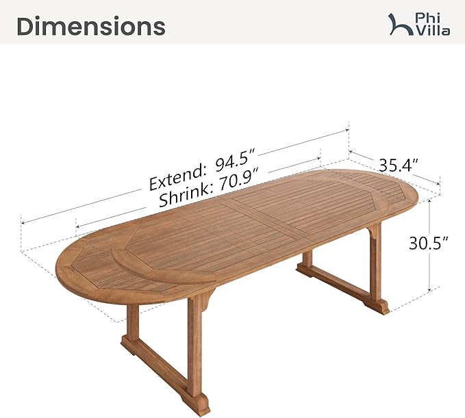 PHI VILLA Outdoor Acacia Wood Expandable Table for 6-8, Extendable Wooden Dining Table with Slat Design, Large Rectangular Farmhouse Dining Furniture for Patio, Deck, Porch, Backyard