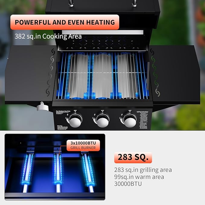 3 Burner Propane Gas Grill, 30000 BTU Outdoor Gas BBQ Grill Cooking with Two Table, Stainless Steel Cooking Grids, Built-in Thermometer, Easy-Clean Grease, for Backyard, Camping