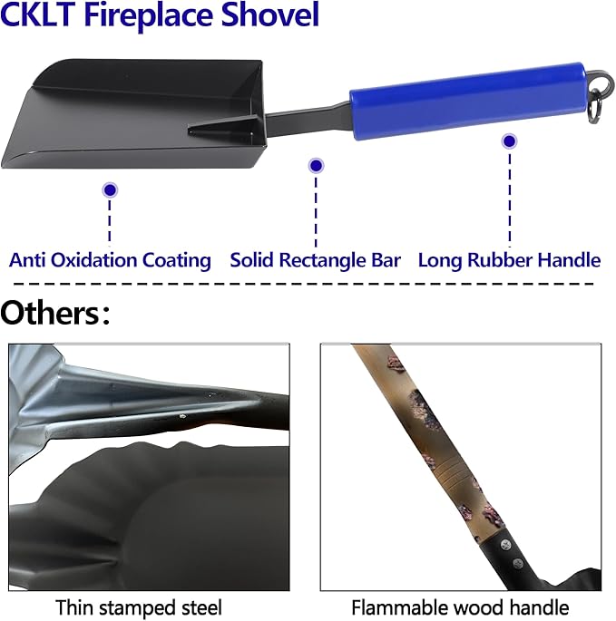 Fireplace Ash Shovel Wider Head Manganese Steel Gardening Shovel for Yard with Rubber Handle and Hanging Ring for Outdoor Fire Pit Indoor Fireplace Solo Stove Woodstove