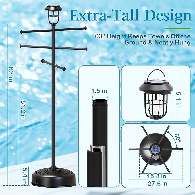 Sturdy & Solar-Powered Pool Towel Rack Outdoor - Adjustable Towel Racks with Wheels & Lights for Backyards