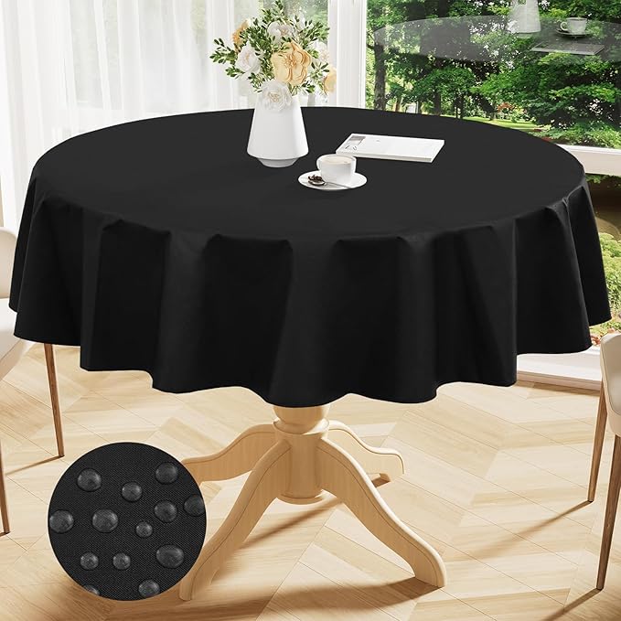 Smiry Round Table Cloth 60 Inch, Waterproof Wipeable Vinyl Tablecloths Protector, Oil Spill Proof Plastic Table Cover for Dining, Picnic, Camping, Outdoor, Black