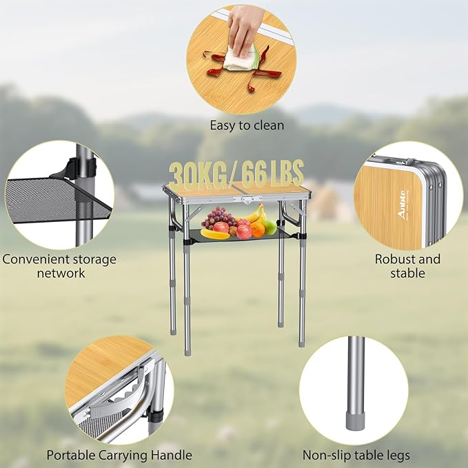 Anbte 2ft Camping Table Foldable, 3 Adjustable Heights High 27.5" Aluminum Small Folding Table with Carrying Handle, Portable, for Outdoor Indoor Picnic Beach BBQ Party Travel, 24" x 16", Yellow