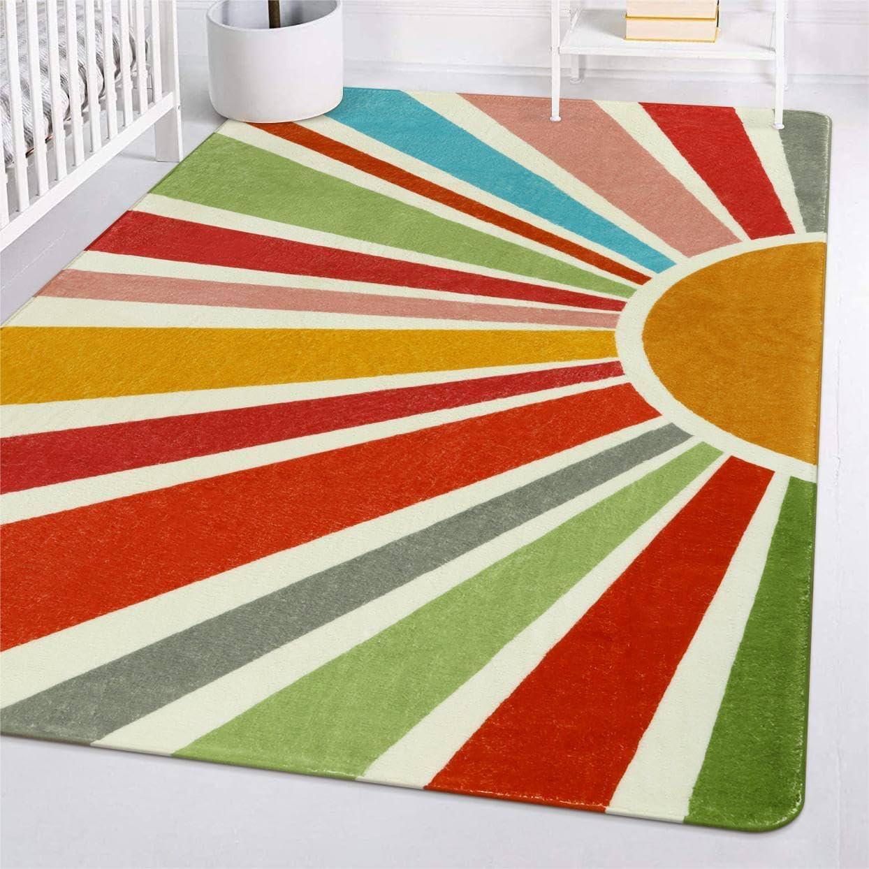 STARUIA Boho Washable Rug 4'x6' Kids Area Rug for Playroom, Non-Slip Kids Rug for Bedroom, Rainbow Modern Sun Carpet Soft Throw Sunshine Rugs for Office Nursery Entryway Dorm