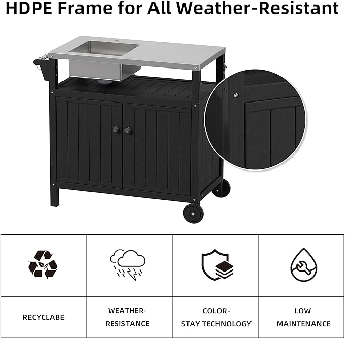 TORVA Multi-Functional Outdoor Grill Cart with Sink,Cabinet and Cover, 42 inch Freestanding Modular Kitchen Sink Station in 304 Stainless Steel&HDPE, All Weather Use BBQ Table, Black