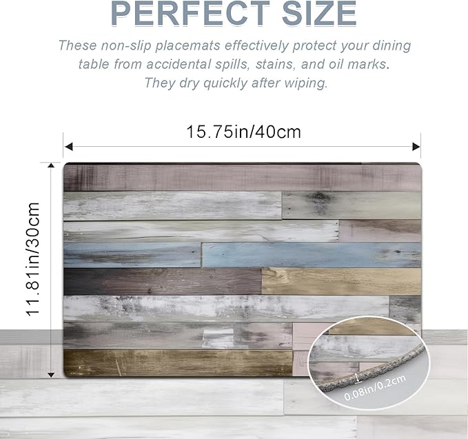 Farmhouse Placemats Set of 4 - Driftwood Faux Leather Heat Resistant Placemat for Dinner Table, Non-Slip Waterproof Oil-Proof Washable Reusable for Indoor Outdoor Kitchen Decor, 15.75In*11.81In
