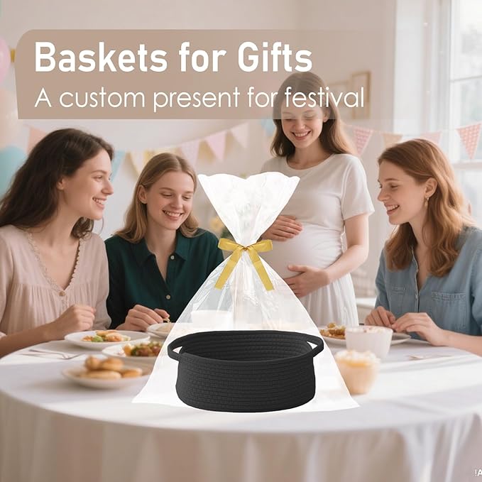 Woven Basket,Small Rope Storage Bin with Handles & Ribbon Bag, Organizer for Shelves Closets,Gift Basket Empty for Birthday,Books,Dog Toys, Black/3 Pack