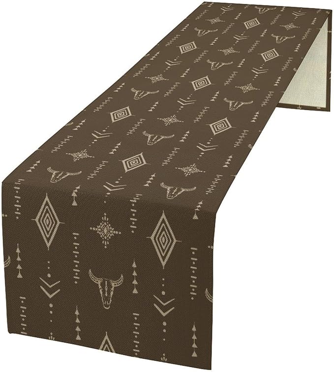 Western Cow Skull Table Runner,Vintage Boho Aztec Cow Ethnic Pattern Printed Table Runner for Home Kitchen Dining Farmhouse Coffee 13x120in