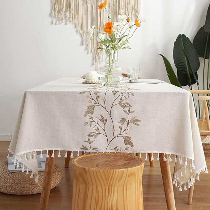 Pahajim Rustic Linen Tablecloth Cotton Waterproof Table Cloth for Kitchen Dining with Tassel Rectangle Tablecloths Rectangle/Oblong,55''x79'',4-6 Seats