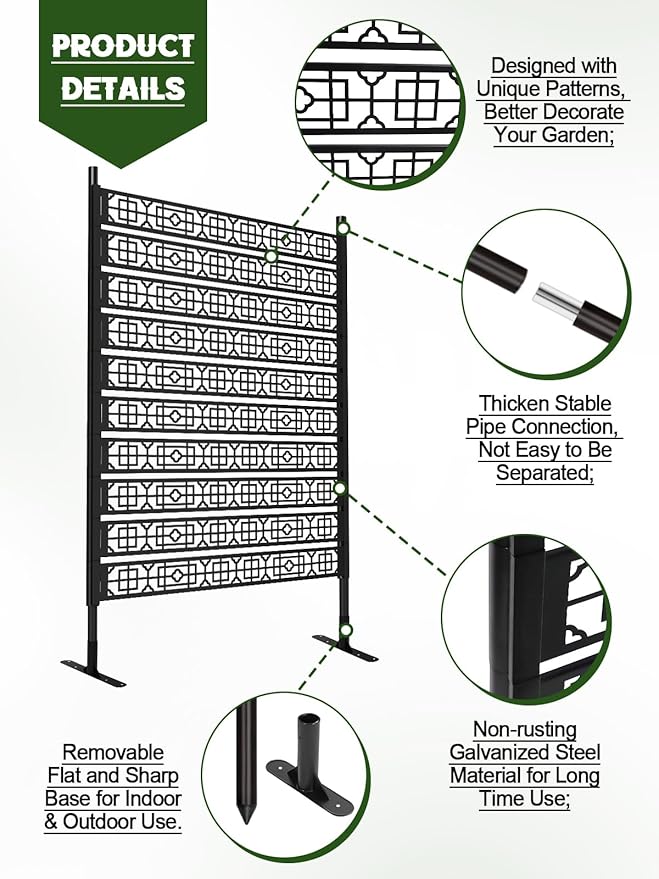 6FT Metal Privacy Screen for Outdoor, Kalolary Privacy Fence Screen Freestanding Steel Privacy Fence Panels with Stand Decorative No-dig Space Divider Fence for Patio Balcony Backyard Indoor