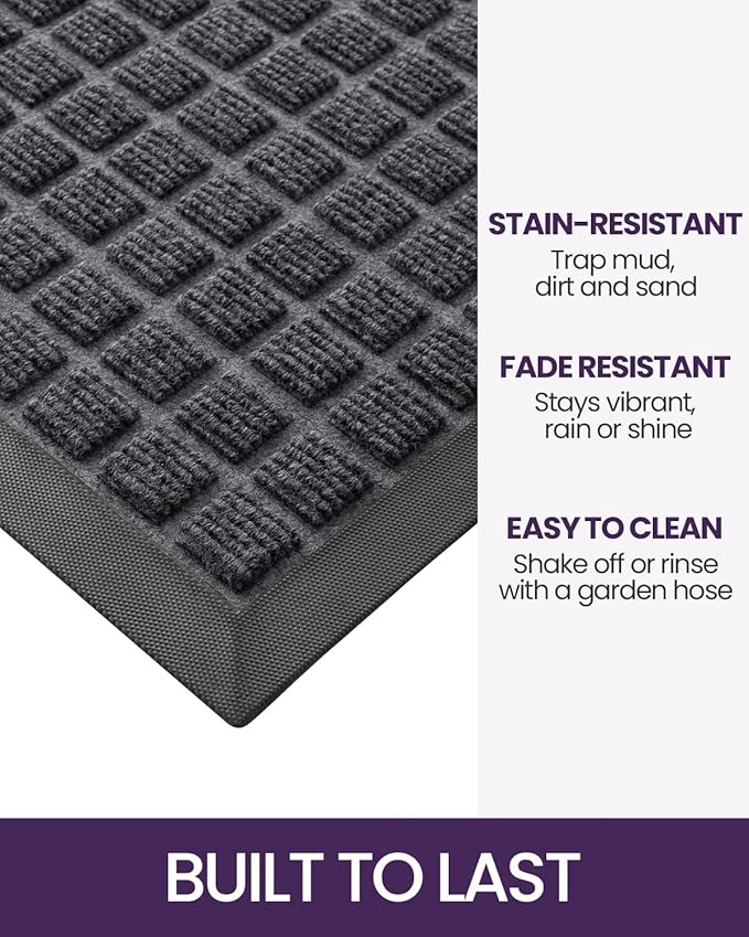 DEXI Front Door Mat Outside Entrance, 2x4 ft Rubber Entry Doormat Heavy Duty, Welcome Mats Non Slip for Inside House Floor Entryway Double Doors Exterior Patio, Checkered Grey