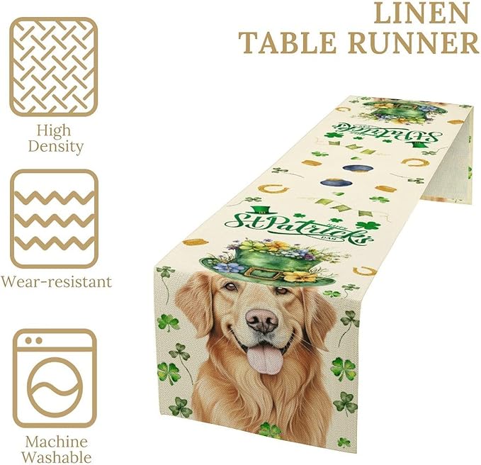 St.Patrick's Day Table Runner,Sharmrock Dog Hat Golden Retriever Beige Rustic Table Center Decor for Home Kitchen Dining Patio Holiday Party Indoor Table Decorations, 13"x108"