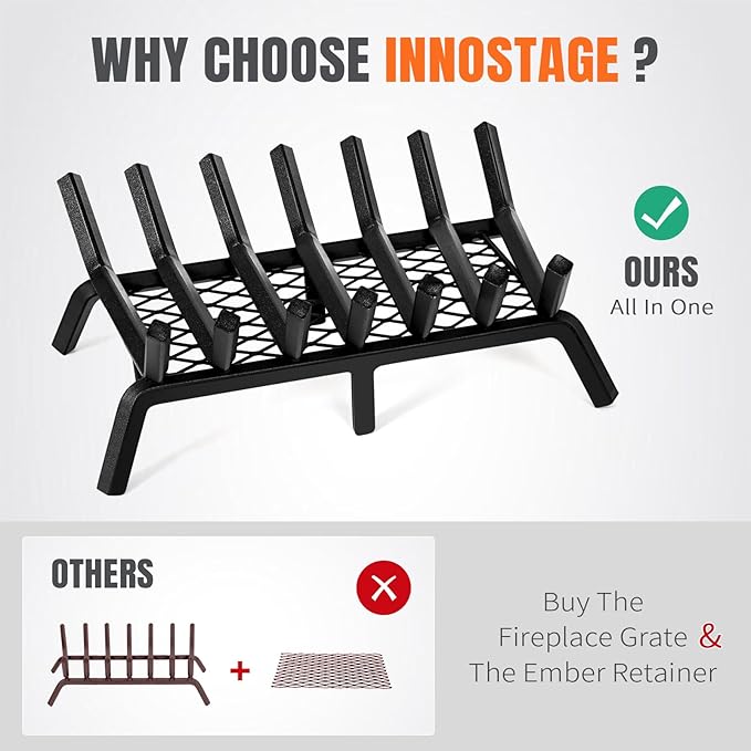 Fireplace Grates with Ember Retainer- 21 Inch Fireplace Log Grate Heavy Duty Solid Steel 7-Bars, Fire Grate, Inside Wrought Cast Iron Wood Stove Pit for Indoor Outdoor Chimney Hearth