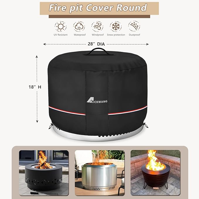 Fire Pit Cover for Solo Stove Bonfire,600D Tear-Resistant Heavy Duty Durable 100% Waterproof 27-29 Inch Smokeless Fire Pit Cover, Patio Weatherproof Gas Fire Pit, Black 29"x18"