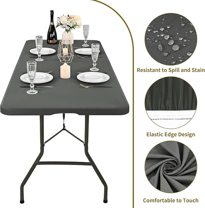 6 Pack Stretch Fabric Table Top Cap Cover, fits 6' Tables, Spandex Table Covers Washable Elastic Universal Rectangle Tablecloth Protector for Indoor Outdoor Party Picnic Wedding, Gray, 30" W x 72" L