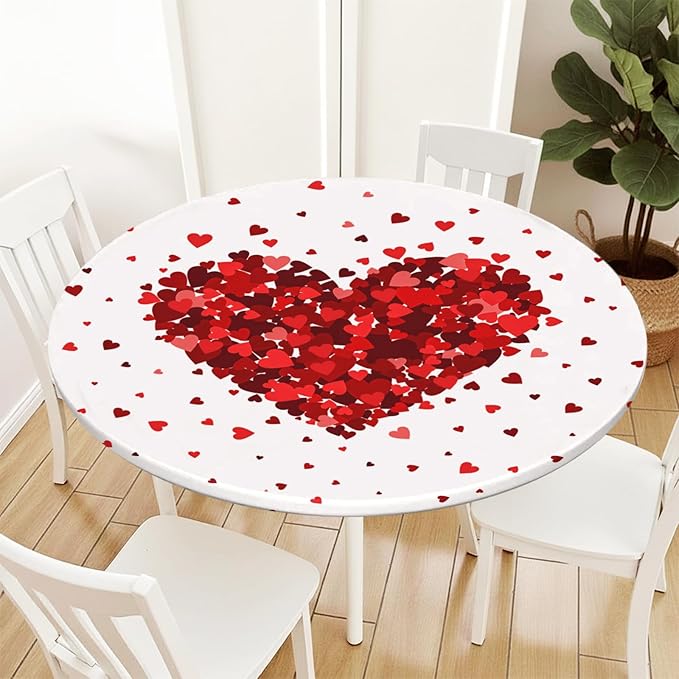 Valentines Day Round Fitted Tablecloth with Elastic Red Love Heart Circle Table Cloth for 40-44" Tables Wipeable Waterproof Washable Valentine Decorative Table Cover for Picnic Dining Party Decor