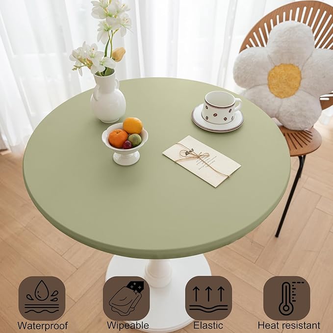 Round Fitted PU Tablecloth with High Elastic Edge 59 Inch Dia Waterproof Oil Proof Table Cloth Anti-Scald Stain-Resistant Wipeable Table Cover for Indoor Outdoor Picnic (Green,59" Dia)