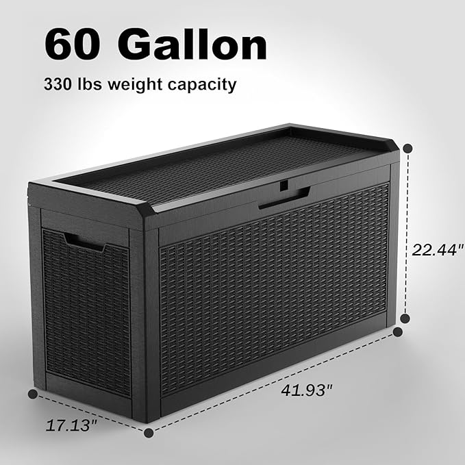 60 Gallon Deck Box,Resin Outdoor Storage Box with Lockable for Patio Furniture, Pool Accessories, Garden Tools, Waterproof Outside Storage Box, Black