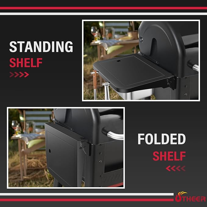 Utheer Grill Side Table Shelf for Weber Searwood 600/600XL – Foldable BBQ Prep Station with Works Cutting Board, Stainless Steel Basin, Lid & Hooks, Side Table for Weber Searwood 600 Accessories