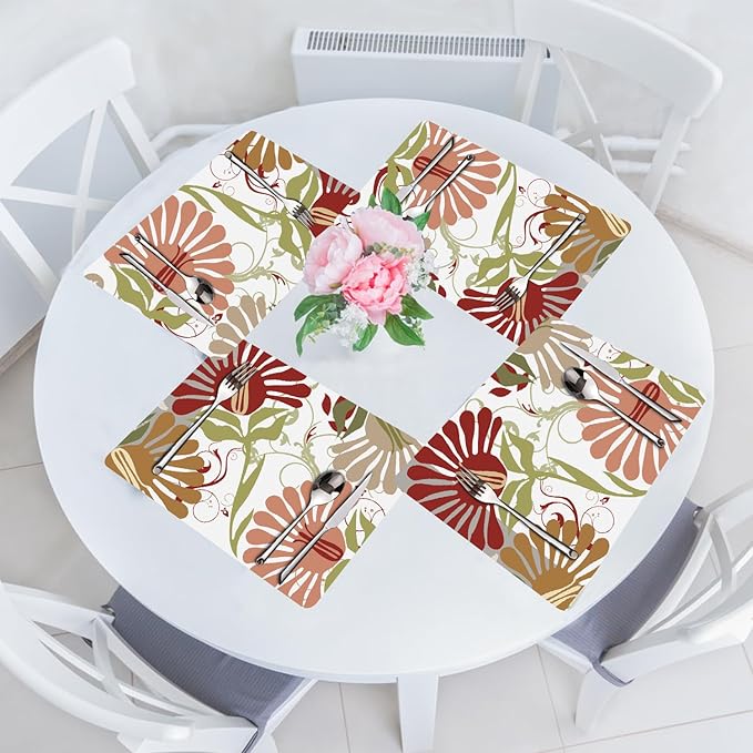 Flower Placemats Set of 4 - Spring Floral Faux Leather Heat Resistant Placemats for Dinner Table, Non-Slip Waterproof Oil-Proof Washable Reusable Placemat for Indoor Outdoor Kitchen, 15.75In*11.81In