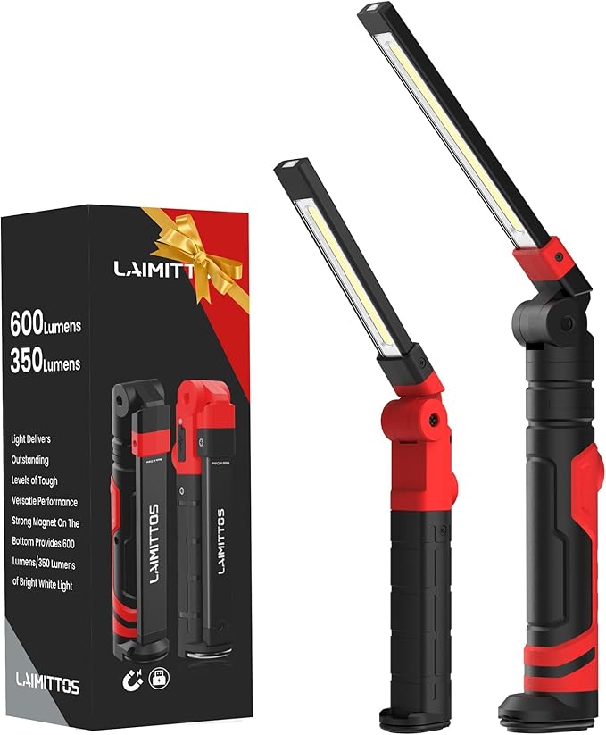 Rechargeable LED Work Light, Magnetic Flashlight Mechanic Light Tool for Men Him, Foldable Lamp with Hook for Car Repair Emergency BBQ Grill (2 Pack)