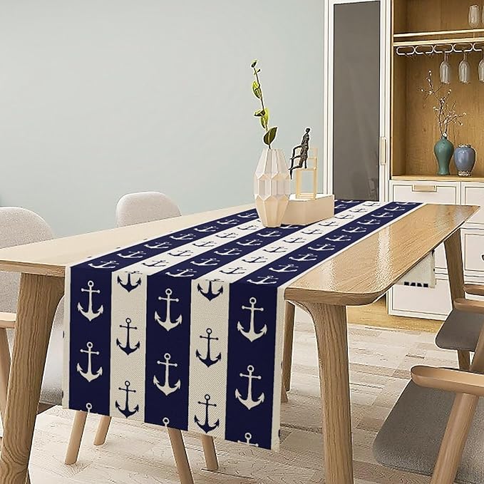 Nautical Anchor Table Runner, Ocean Beach Coastal Beach Stripe Background Theme Table Runner for Dining Kitchen Party Holidays Home 13x120in