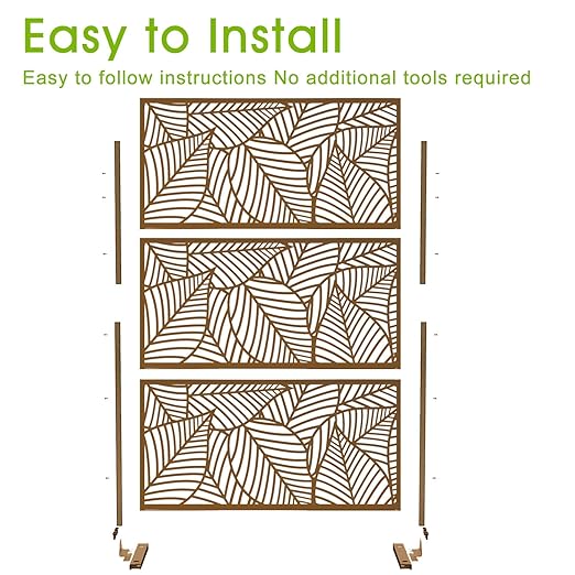 Casaphoria 72" H x 47" W Metal Outdoor Privacy Screen, Freestanding Decorative Divider for Patio, Deck, Balcony, and Garden with Stable Base, Brown Leaves