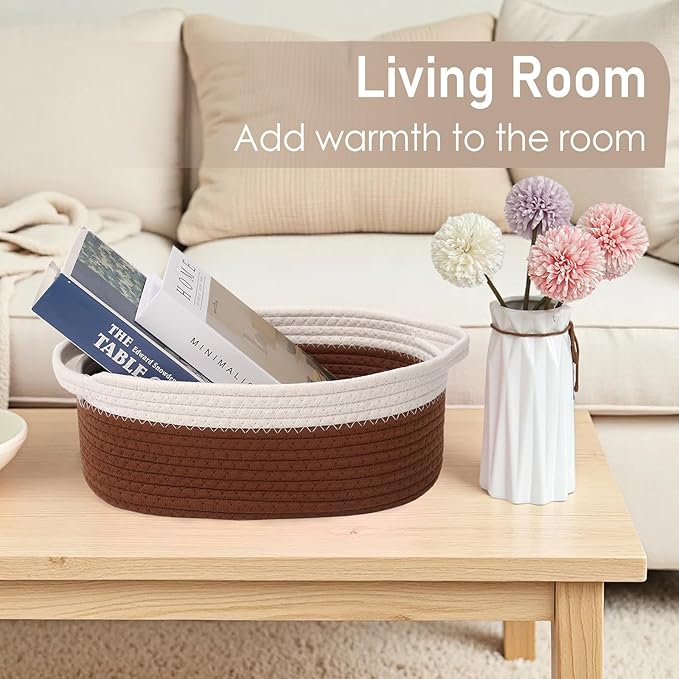Woven Basket,Small Rope Storage Bin with Handles & Ribbon Bag, Organizer for Shelves Closets,Gift Basket Empty for Birthday,Books,Dog Toys, White&Brown/3 Pack