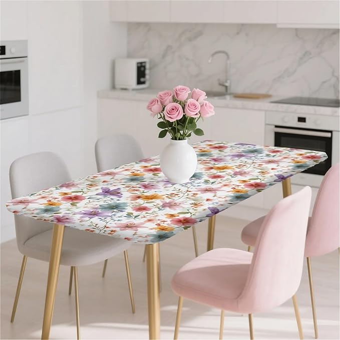 Rectangle Table Cloth Cover Waterproof Elastic Fitted Polyester Fitted Tablecloths for 6 Foot Tables for Indoor,Picnic, Camping, Outdoor （72" x 30"，Flower）