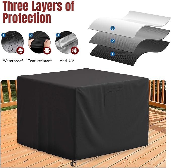 SHINESTAR 32 Inch Fire Pit Cover Square, Fits for 28-32 Inch Outdoor Fire Pit Table, Waterproof Layer & Double Stitching with Windproof Drawstring and Buckle Straps, 32 x 32 x 24 Inches, Black